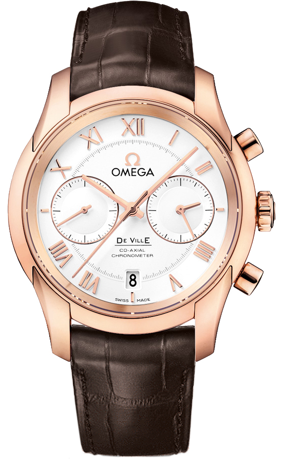 Upon the white dial, this brown strap replica Omega De Ville watch sets with two raised sub-dials, showing more convenient and visible time display.